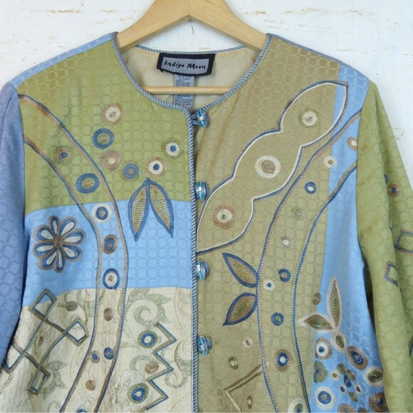 Indigo Moon Jacket Women L Blue Green Patchwork Embroidered Lined VTG Boho Artsy - Picture 5 of 14